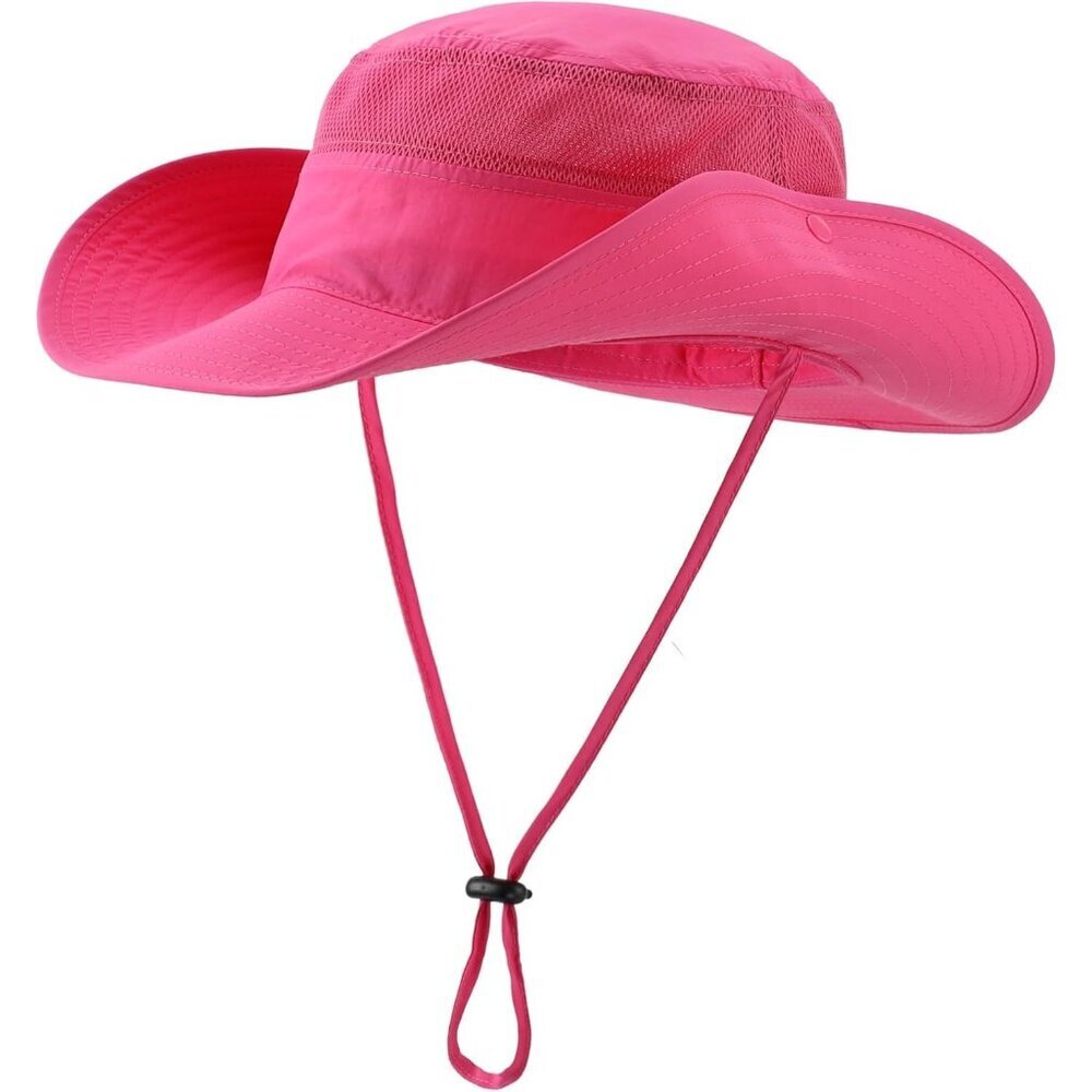 Unisex Rose Red 100% Polyester Wide Brim Boonie Mesh With Chin Strap Bucket Hat